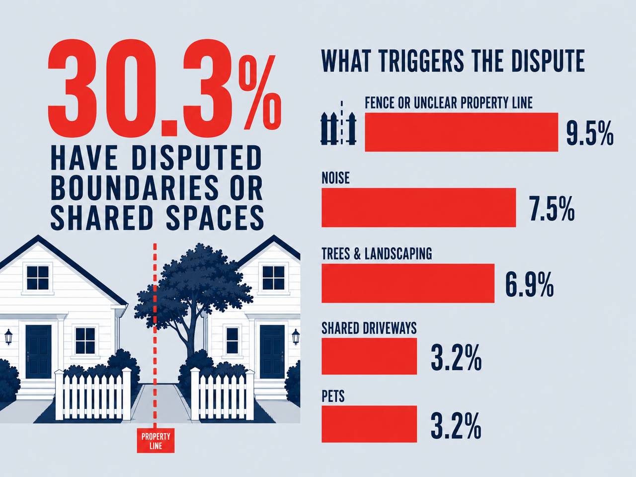 A data graphic reporting percentage of respondents who have disputed boundaries or shared spaces.